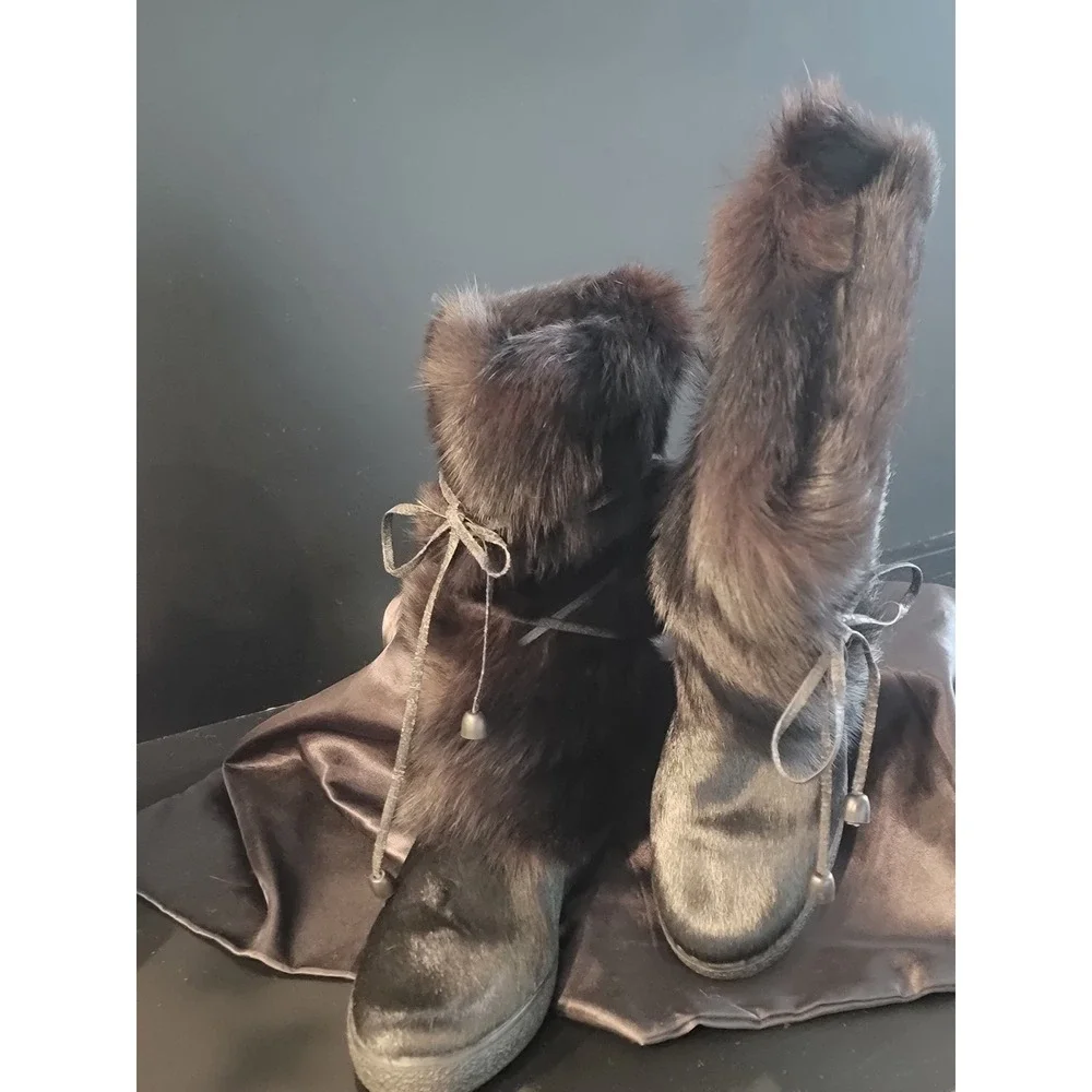 Pajar Canada Black Fur Pony Hair Winter Boots Lace Up Mid Calf Snow Boots Womens